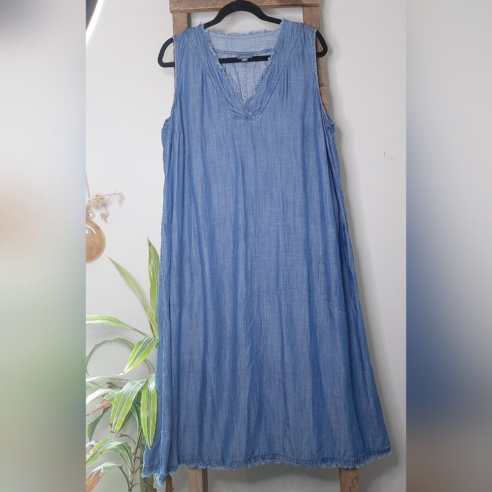 J. JILL DENIM SLEEVELESS DRESS XL A-LINE POCKETS FRAYED FRINGE VNECK